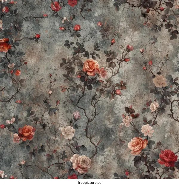 Vintage floral pattern with red and white roses on a gray background