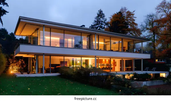 Modern Architecture House With Large Windows At Dusk