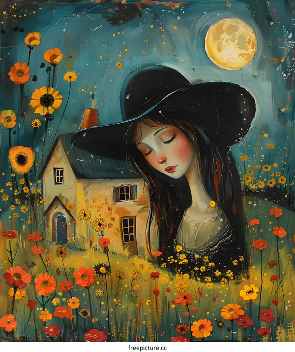 girl with black hat in the flower field