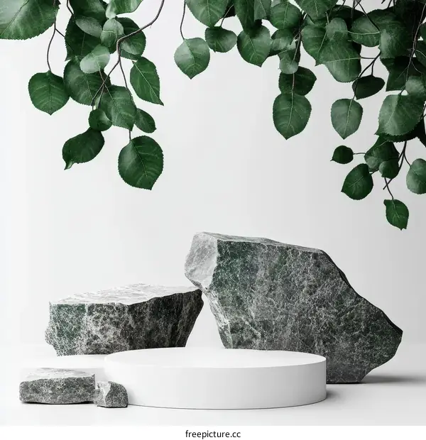 Minimalist Scene with Stones and Leaves