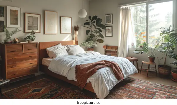 Bedroom with lots of plants and a vintage vibe