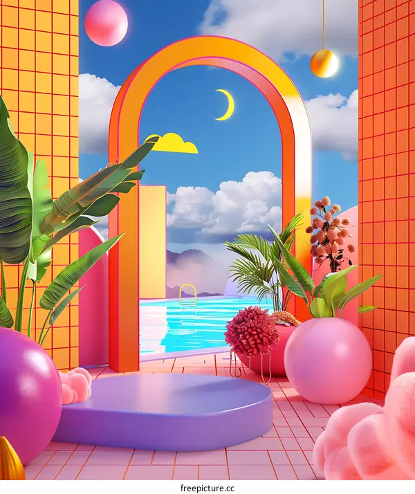 Abstract 3D Illustration of a Tropical Poolside with a Pastel Color Palette