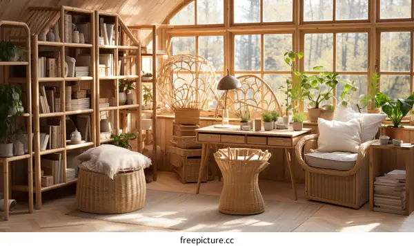 Bright and Cozy Home Office with Large Window and Wicker Chair