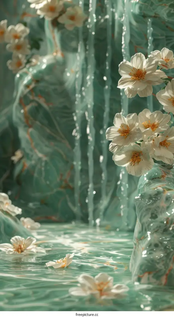 Waterfall and Flowers Artistic Illustration