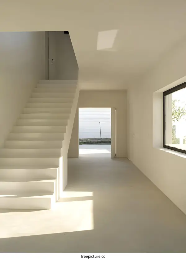 White Interior Design with Modern Staircase and Large Windows