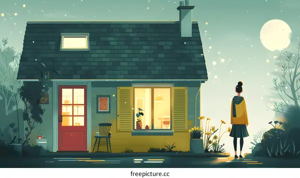 A Woman Standing Outside Her House at Night Looking at the Moon