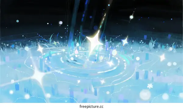 Sparkling Light Particles Floating Over Glowing Water Surface at Night