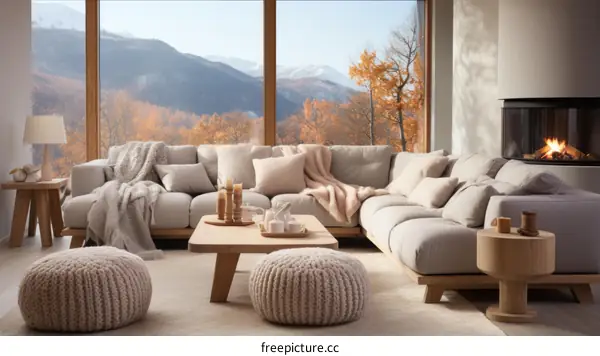Cozy Living Room with Fireplace and Mountain Views