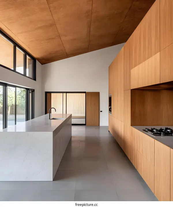 Modern Kitchen with Wooden Cabinets and White Marble Island