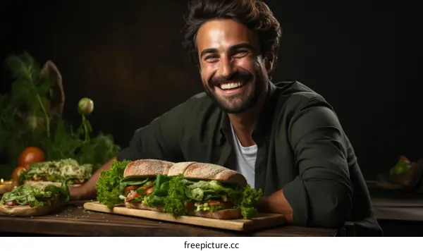Happy man with a big sandwich