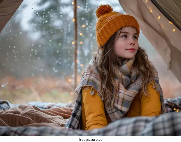Little girl in a tent looking out at the rain