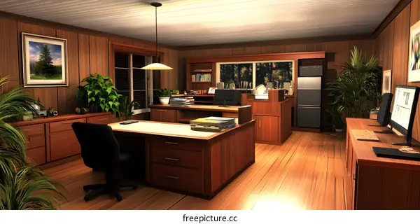 Modern Home Office Interior Design with Wooden Walls and Furniture