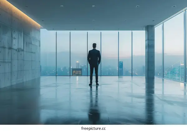 Businessman looking out at city skyline from office window