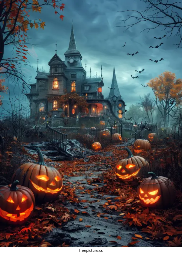 Spooky Haunted House with Pumpkins and Bats