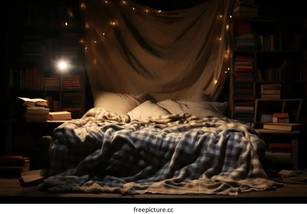 cozy bedroom with bookshelves and fairy lights