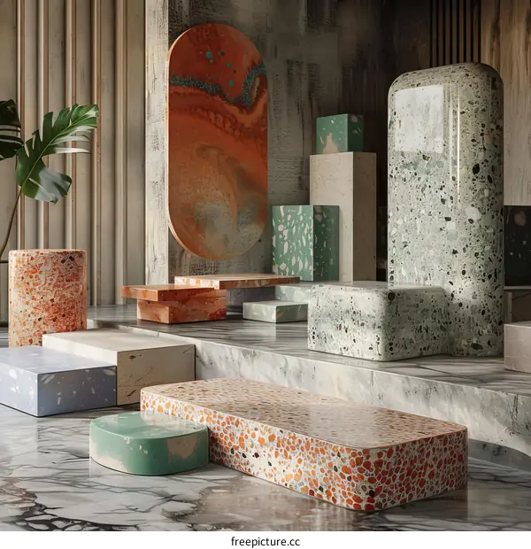 3D rendering of a room with colorful marble podiums and a plant