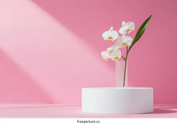 Pink Background with White Orchid Bouquet on a White Cylinder