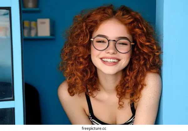 Smiling Woman with Red Curly Hair and Glasses