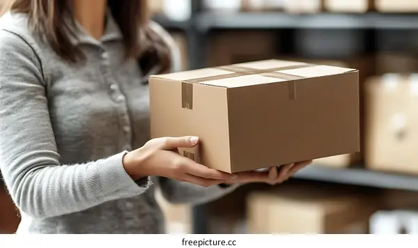 Woman Holding Cardboard Box in Warehouse