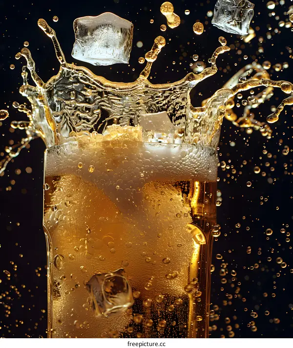 Ice Cube Splashing Into Glass of Beer