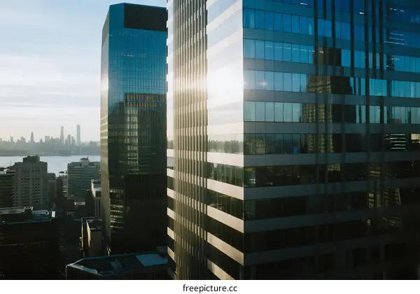 Modern Glass Skyscrapers with Cityscape and River View
