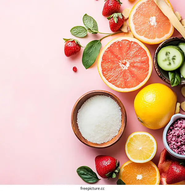 Pink Background with Fresh Fruits for Spa and Beauty Treatment
