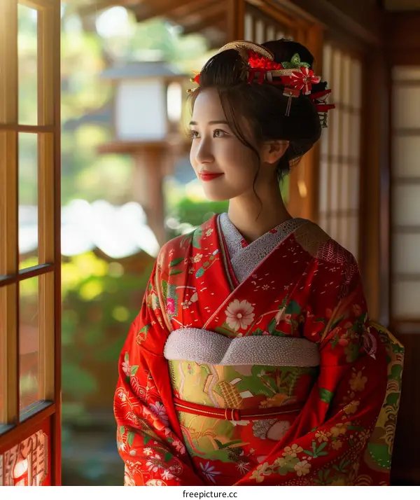 A beautiful Japanese woman wearing a kimono is looking out the window.