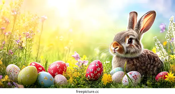 Easter Bunny in a Spring Meadow with Colorful Eggs