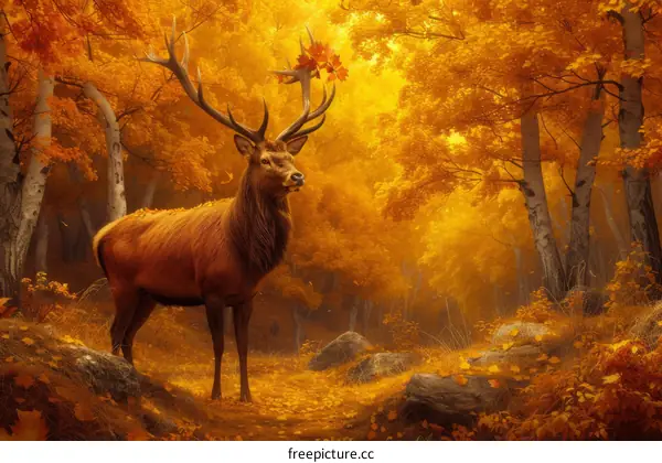 A solatary elk standing in a dense autumn forest