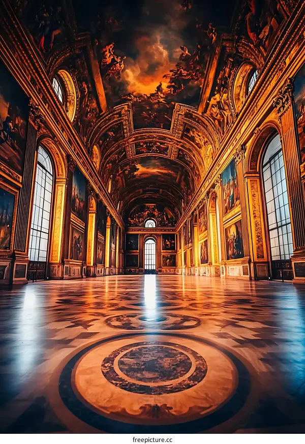 Ornate Hallway with Gold Trim and Paintings
