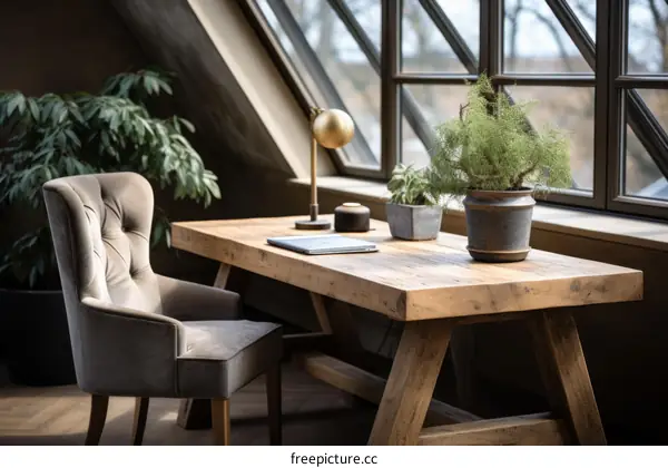 Minimalist home office setup with a wooden desk, a comfortable chair, and a few plants