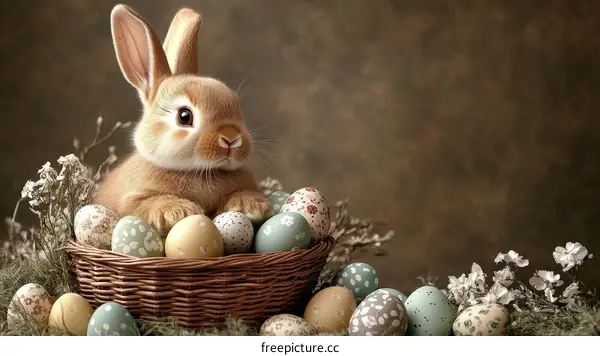 Adorable Easter Bunny in a Basket of Eggs