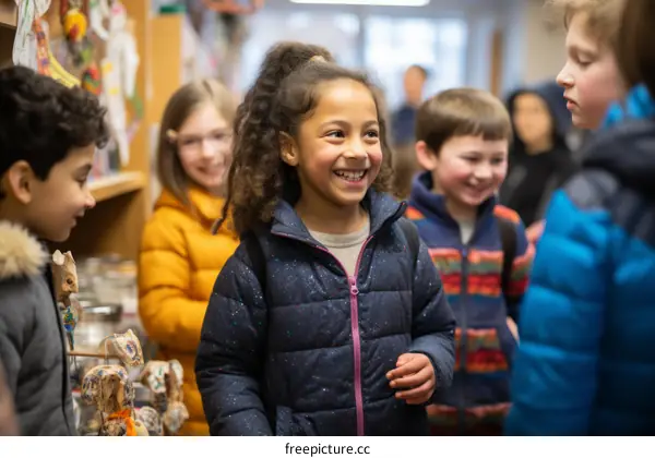 A group of children are looking at a display of wooden toys in a museum.