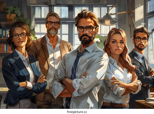 Group of business professionals posing in an office