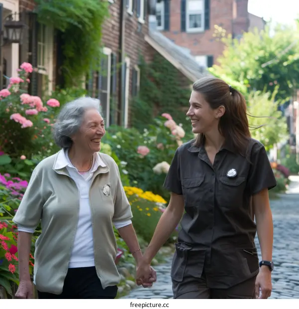 Smiling elderly woman and young woman holding hands and walking down a street with flowers
