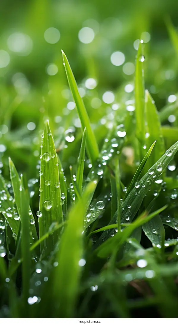 Fresh Morning Dew on Blades of Lush Green Grass