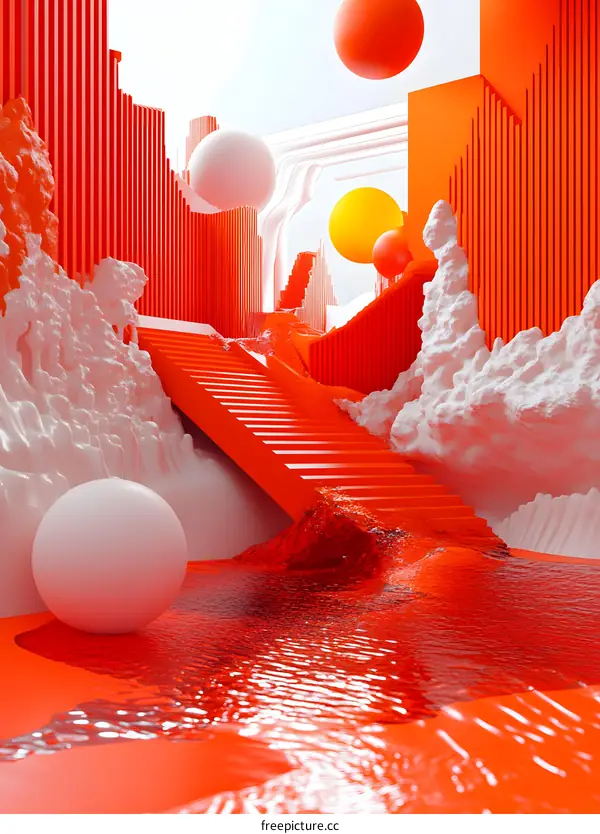 Red Liquid With Stairs Leading To A White Cloud