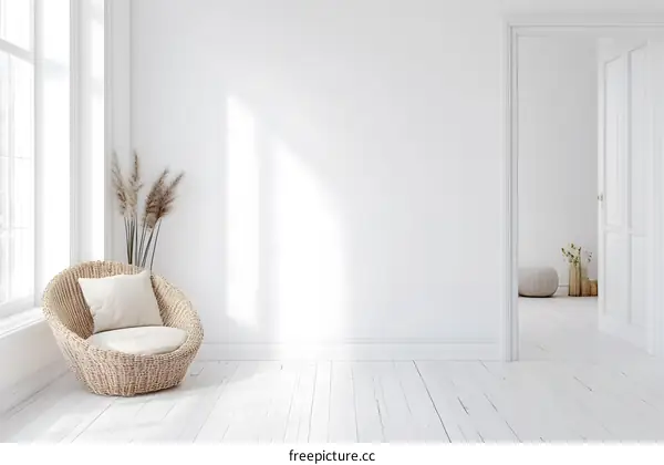 Minimalist White Room with Wicker Chair and Sunlight