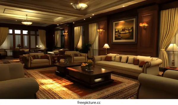 Luxury Living Room Interior Design with Wooden Walls and Large Windows