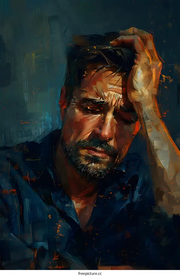 Portrait of a man with a beard and a hand on his head