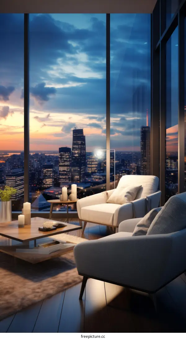 Modern living room interior with city view at sunset
