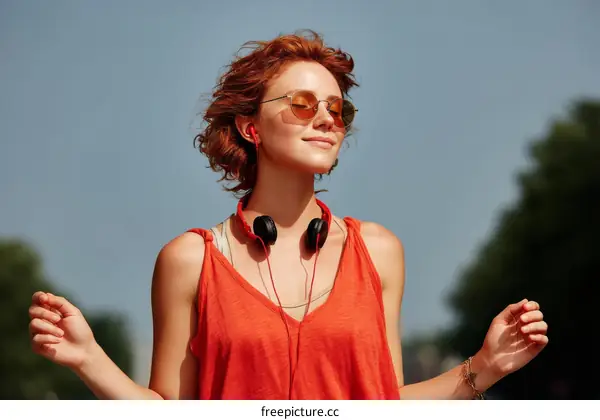 Woman enjoying a summer day with headphones and sunglasses