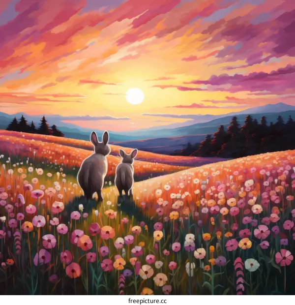Rabbits in a Sunset Flower Meadow