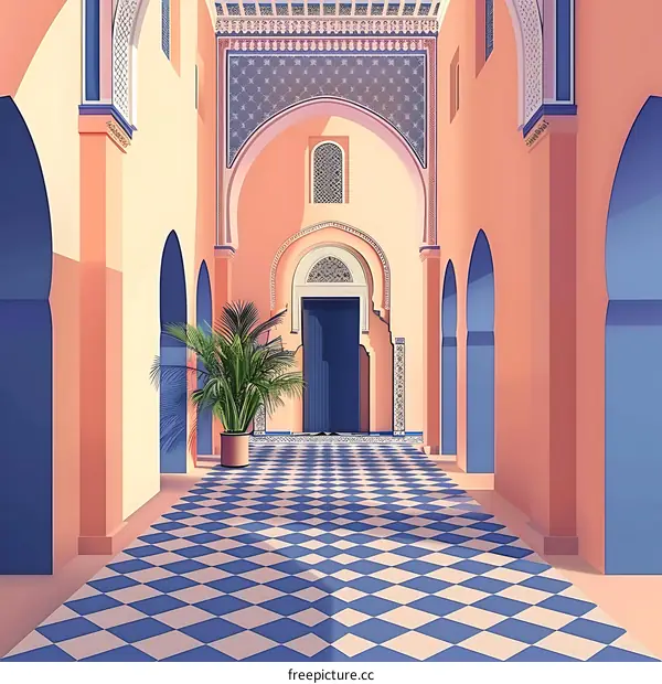 Archway and Geometric Tile Floor in Moroccan Style