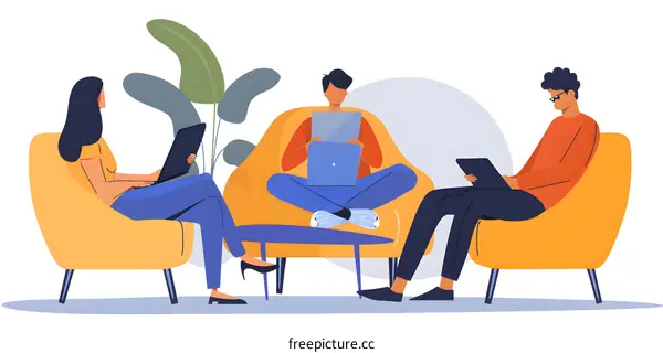 Three People Sitting on Chairs Using Laptops and Tablets in a Modern Office Space