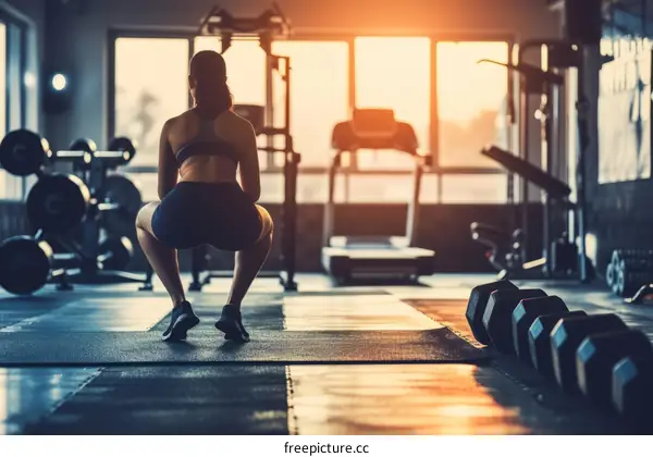 muscular woman doing squats in the gym