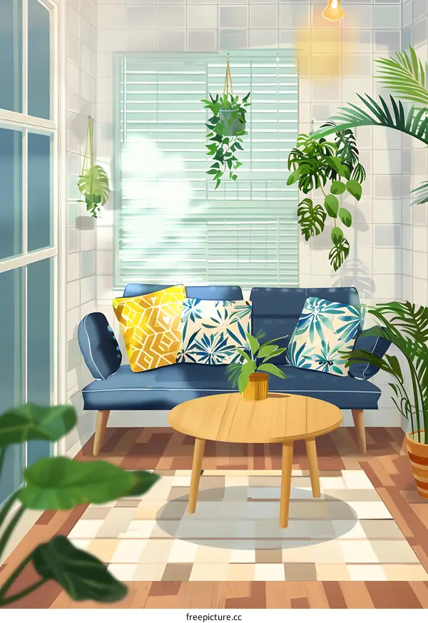 Cozy Living Room Illustration with Blue Sofa and Green Plants