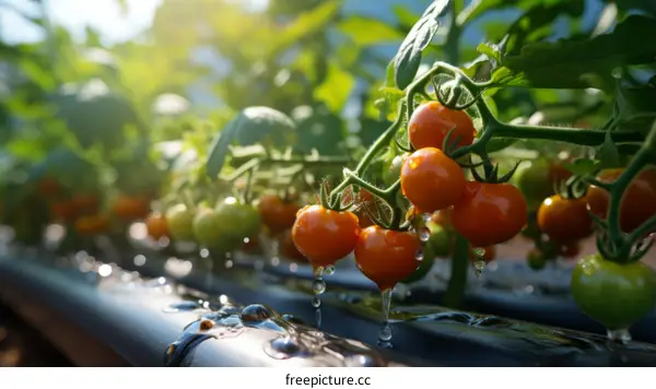 Close-up of ripe and unripe cherry tomatoes in a greenhouse