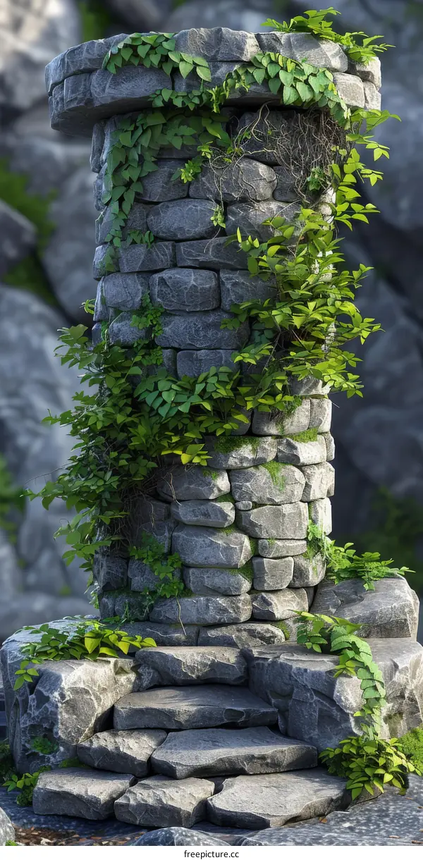 Ancient Stone Tower Overgrown with Ivy