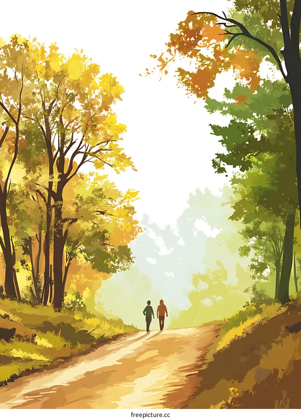 Two People Walking on a Path Through an Autumn Forest